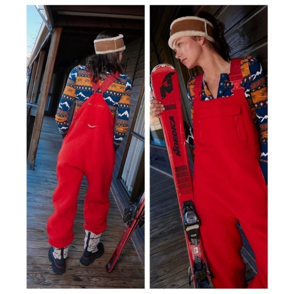 FP Movement Free People Hit the Slopes High Pile Fleece Bibs Overalls Onesie